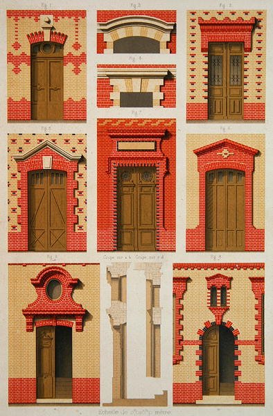 Tegninger af fremspring og gavle i mursten, illustration fra "La Brique Ordinaire" af J. Lacroux, Editions Ducher af Daumont Daumont