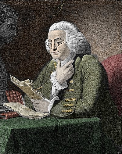 Portræt af Benjamin Franklin (1706-1790), amerikansk filosof, fysiker og ambassadør. Gravering efter et maleri af David Martin. af David (after) Martin