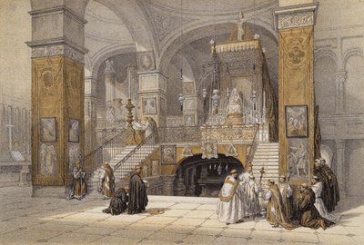 Bebudelseskirken, Nazareth (farve litho) af David (after) Roberts