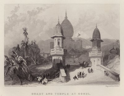 Ghaut og templet ved Gokul (farve litho) af David (after) Roberts