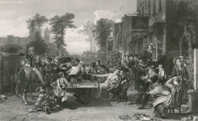 Chelsea-pensionister læser bladet om slaget ved Waterloo (gravering) af David (after) Wilkie