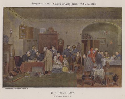 The Rent Day (farve litho) af David (after) Wilkie