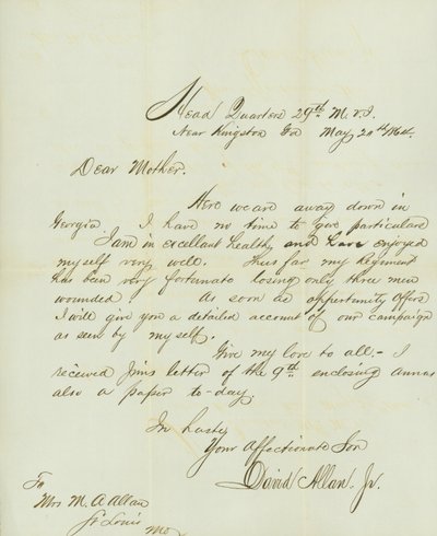 Brev underskrevet David Allan, Jr., Head Quarters 29th M.V.I., nær Kingston, Ga., til hans mor Mrs. M.A. Allan, St. Louis, Mo., 20. maj 1864 af David Allan