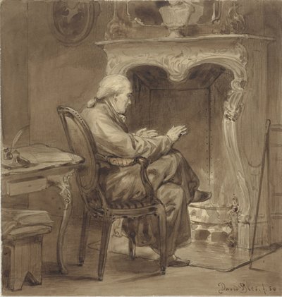 Gammel mand varmer sig ved pejsen af David Bles