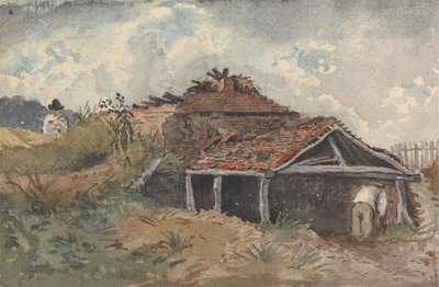 Landskab med to figurer ved siden af en gammel bygning af David Charles Read