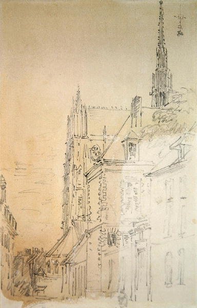 En katedral i en gade (kridt og vask på papir) af David Cox