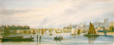 En udsigt over Westminster Bridge mod vest mod Lambeth Palace og Westminster Abbey (blyant og akvarel på papir) af David Cox