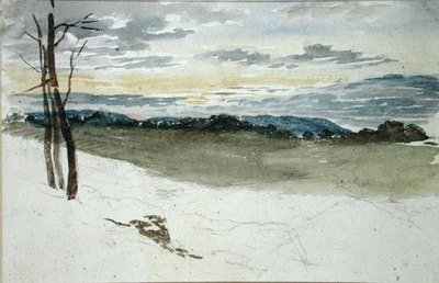 Et skovlandskab ved solnedgang (blyant og akvarel på papir) af David Cox