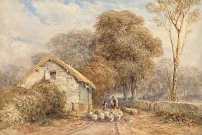 En rejsende til hest med en hyrde og hans får ved en lade på en landevej. af David Cox