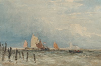 Hollandske fiskekuttere ud for kysten, med Grote Kerk, Dordrecht i det fjerne af David Cox