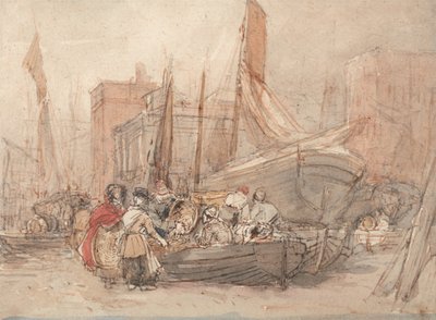 Havnescene med fiskerbåde, der bliver losset af David Cox
