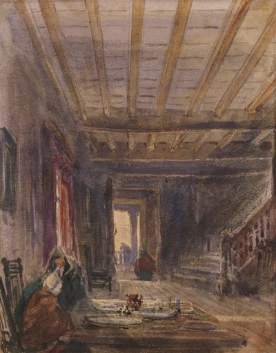 Interiør med figurer ved et bord (wc på papir) af David Cox