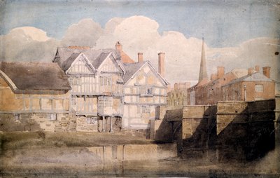 Gamle huse og Wye Bridge, Hereford, 1820 af David Cox