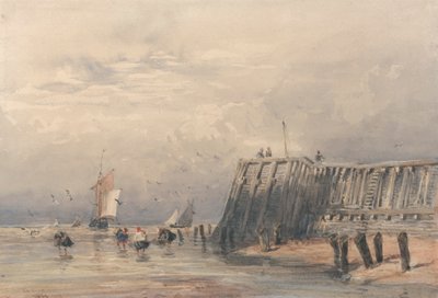 Sejlpramme og rejefartøjer fra en mole af David Cox