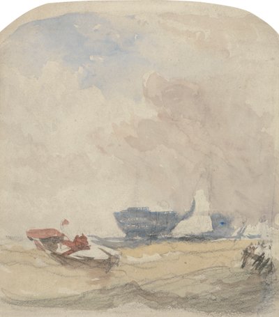 Havstudie med hulk, sejlbåd og robåd af David Cox