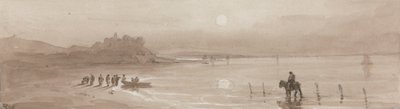 Havkyst, solnedgang med Harlech Castle af David Cox
