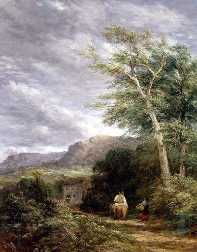 Walisisk landskab med en vandmølle (olie på lærred) af David Cox
