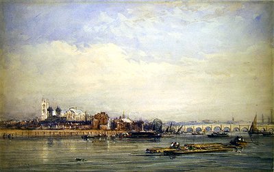 Westminster og Themsen fra Battersea Shore (akvarel på papir) af David Cox