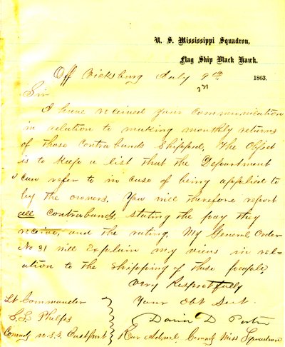 Brev fra David D. Porter, U.S.S. Black Hawk, ud for Vicksburg, til Seth Ledyard Phelps, der befalede USA Eastport, 9. juli 1863 af David D. Porter