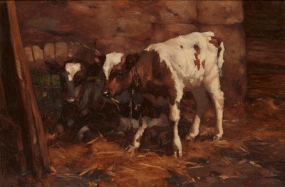To kalve ved en vandstød (olie på lærred) af David Gauld