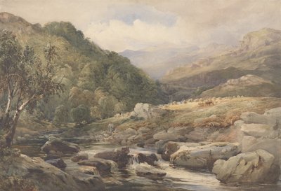 Landskab med bæk og hømagere (wc med gouache over grafit på papir) af David Hall McKewan