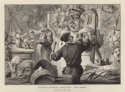 Fremstilling af masker til en julepantomime (gravering) af David Henry Friston