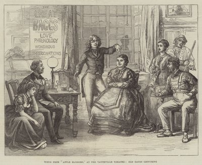 Scene fra Apple Blossoms i Vaudeville Theatre, Old Baggs holder foredrag af David Henry Friston
