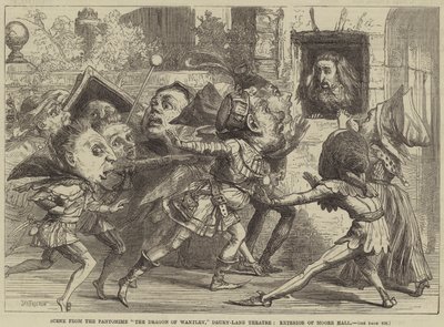 Scene fra Pantomime The Dragon of Wantley, Drury-Lane Theatre, Exterior of Moore Hall af David Henry Friston