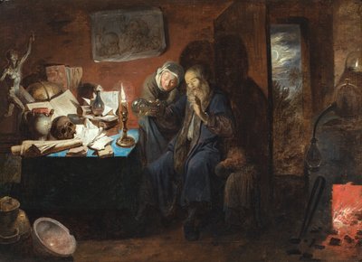 Et interiør med en alkymist, en kvinde og et barn (en vanitas) (olie på lærred) af David III Ryckaert