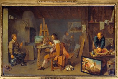 Malerværksted med poserende model og farvesliber. Maleri af David III Ryckaert (1612-1661), Ec. Flam af David III Ryckaert
