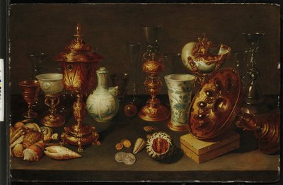 Stilleben med skaller, med nautilus, vaser, glas og koralgrene af David II Ryckaert