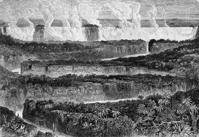 Udsigt over store grå stær i Zambezi, kendt som Mosi-oa-Tuny eller Victoria Falls, Zambia, gravering fra Narrative of Expedition til Zambezi og dens bifloder, af David Livingstone (1813-1873) og Charles Livingstone (1821-1873), London af David Livingstone