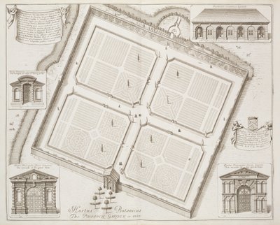 Hortus Botanicus, The Physick Garden, Oxon, fra "Oxonia Illustrata", udgivet i 1675 af David Loggan