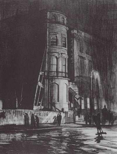 London: Piccadilly-Night, The Savile Club (farvelitografi) af David Muirhead (after) Bone