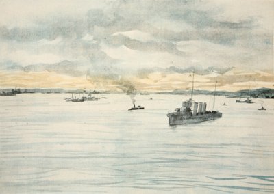 En destroyer i en havn, illustration fra 