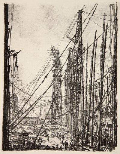 Et skibsværft, illustration fra "The Western Front", udgivet af Country Life Ltd. af David Muirhead Bone
