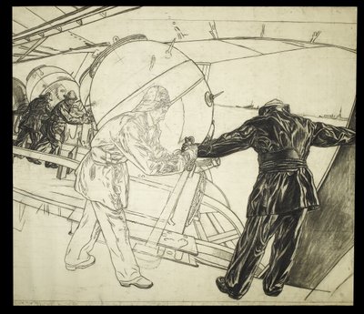 Tegning i fuld størrelse til Winter Mine-Laying off Iceland, ca. 1942 (kul på papir) af David Muirhead Bone