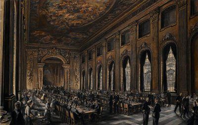 Officerer, der spiser i den malede sal (på Royal Hospital i Greenwich, England, for flådepensionister) under Anden Verdenskrig (1939-1945) af David Muirhead Bone