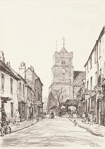 Den gamle kirke, Seaford (blyant) af David Muirhead Bone