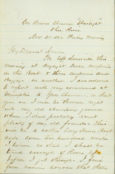 Brev fra D. P. Grier, om bord på Steamer Starlight, Ohio River, til Anna McKinney, 21. november 1862 af David Perkins Grier