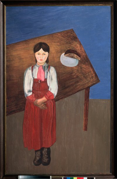 Aniska. (portræt af en melankolsk lille pige foran et bord). Maleri af David Petrovich Sterenberg (1881-1948), olie på lærred af David Petrovich Sterenberg