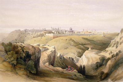 Jerusalem set fra Oliebjerget, 8. april 1839, planche 6 fra bind I af "Det hellige land", graveret af Louis Haghe (1806-85), udg. 1842 af David Roberts