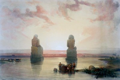 Memnon-kolosserne ved Theben under oversvømmelsen, 1800-tallet af David Roberts