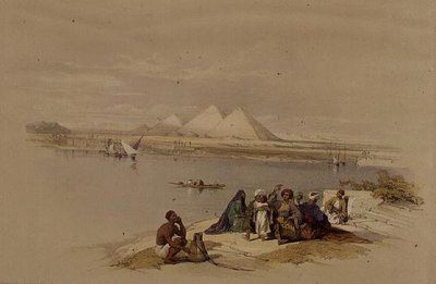 Pyramiderne i Giza fra Nilen, fra "Egypt and Nubia", Vol.1 (litho) af David Roberts