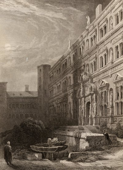 Heidelbergs store hof, indgraveret af H. Winkles, illustration fra 
