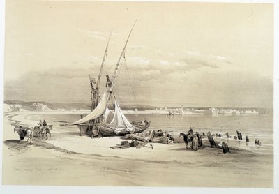 Udsigt over byen Tyre (Tyre) i Libanon, tegning lavet den 27/04/1839 i "" The Holy Land"", London 1849 af David Roberts