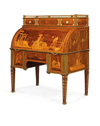Mekanisk cylinderbureau, Neuwied, ca. 1776-79 (ormolu-monteret og messingindlagt amboyna, tulipantræ, bejdset platan og marquetry) af David Roentgen