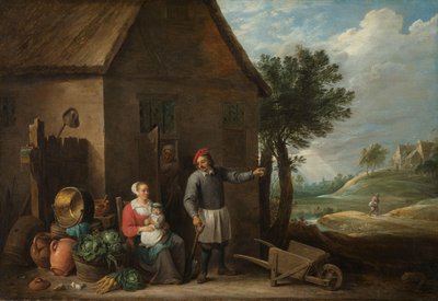 Mand ved en hyttedør med en siddende kvinde og barn af David Teniers (II)