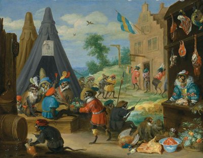 En festival for aber (aber klædt ud som soldater i en lejr nær en by) af David Teniers the Younger