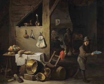 Et køkkeninteriør med en ung dreng og tre personer, der drikker og ryger af David Teniers the Younger